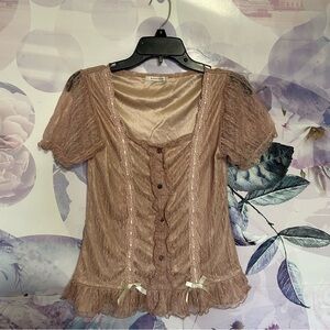 Lace Button-Up Blouse in Pink